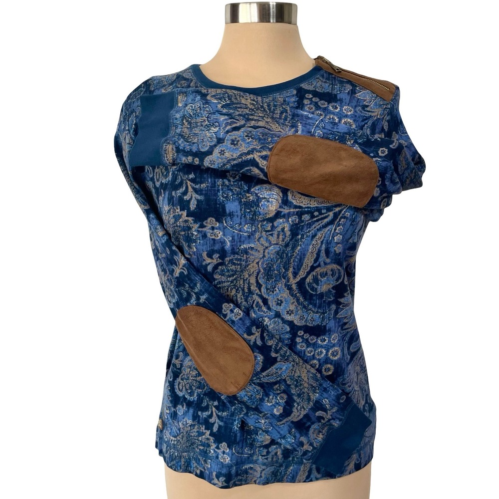 Lauren Jeans Co. Blue Paisley Long Sleeve Top Faux Suede Elbow Patches Sz XL